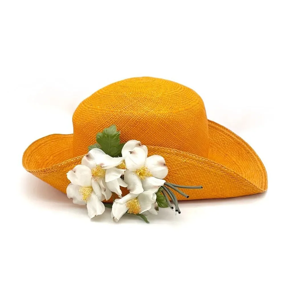 Vintage 1960s Madcaps Orange Straw Hat White Blossom Flower Pin Trim Wide Brim - Picture 3 of 16